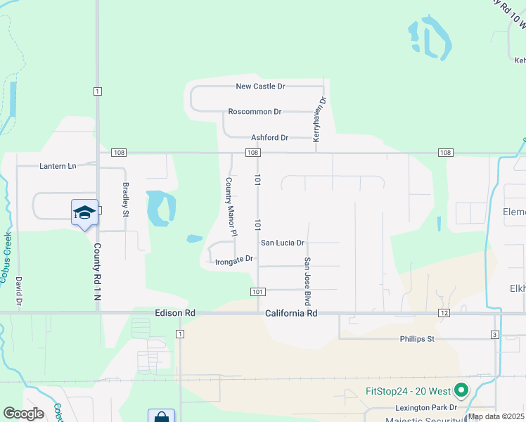 map of restaurants, bars, coffee shops, grocery stores, and more near 54706 County Road 101 in Elkhart