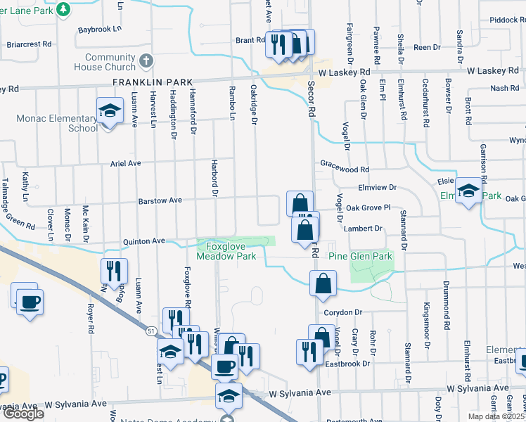 map of restaurants, bars, coffee shops, grocery stores, and more near 4542 Oakridge Drive in Toledo