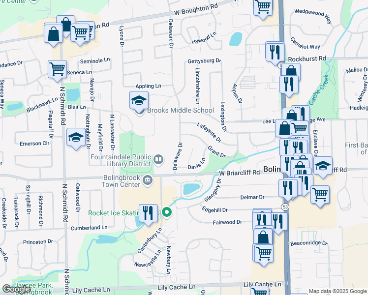 map of restaurants, bars, coffee shops, grocery stores, and more near 116 Delaware Drive in Bolingbrook