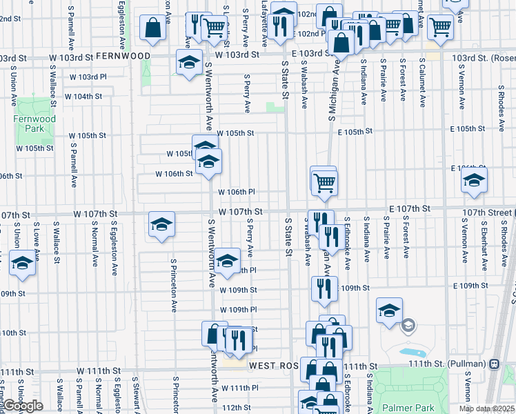 map of restaurants, bars, coffee shops, grocery stores, and more near 50 West 107th Street in Chicago