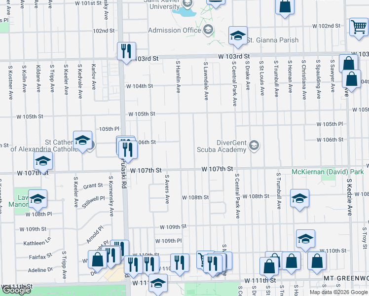map of restaurants, bars, coffee shops, grocery stores, and more near 10611 S Hamlin Ave in Chicago