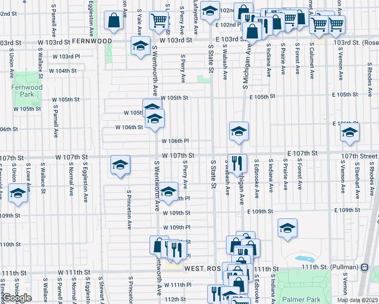 map of restaurants, bars, coffee shops, grocery stores, and more near 52 West 107th Street in Chicago