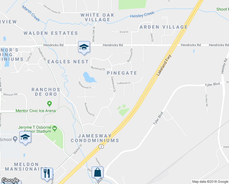 map of restaurants, bars, coffee shops, grocery stores, and more near 6288 Gatewood Drive in Mentor