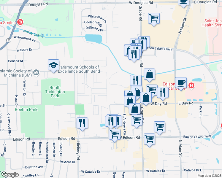 map of restaurants, bars, coffee shops, grocery stores, and more near Tanglewood Court in Mishawaka