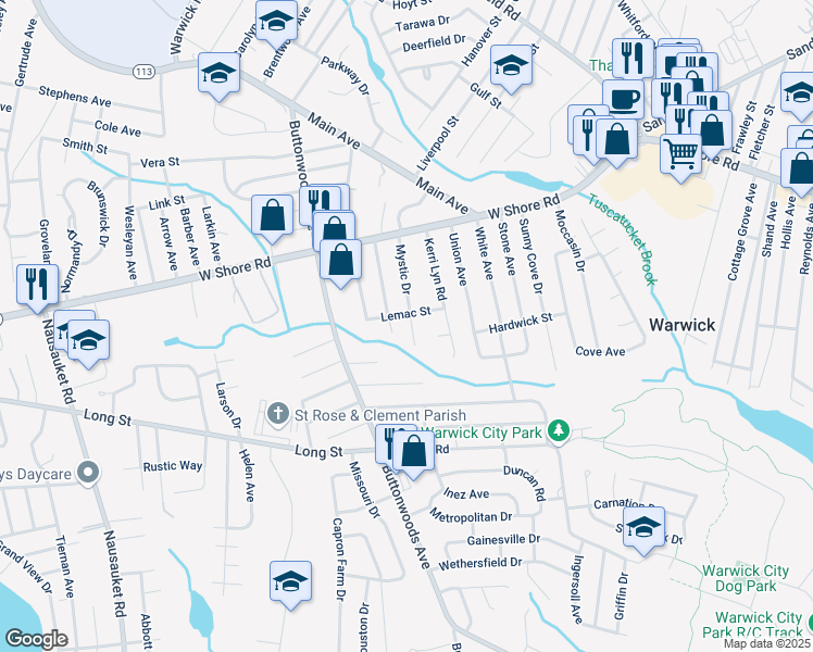map of restaurants, bars, coffee shops, grocery stores, and more near 91 Mystic Dr in Warwick