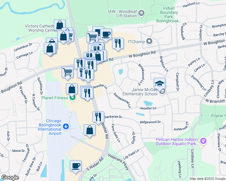map of restaurants, bars, coffee shops, grocery stores, and more near 164 Sandalwood Lane in Bolingbrook
