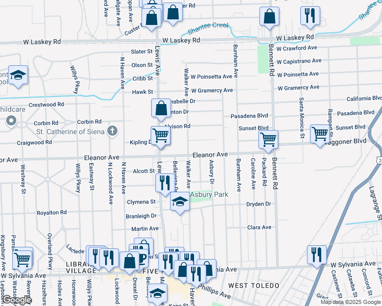 map of restaurants, bars, coffee shops, grocery stores, and more near 4502 Walker Avenue in Toledo