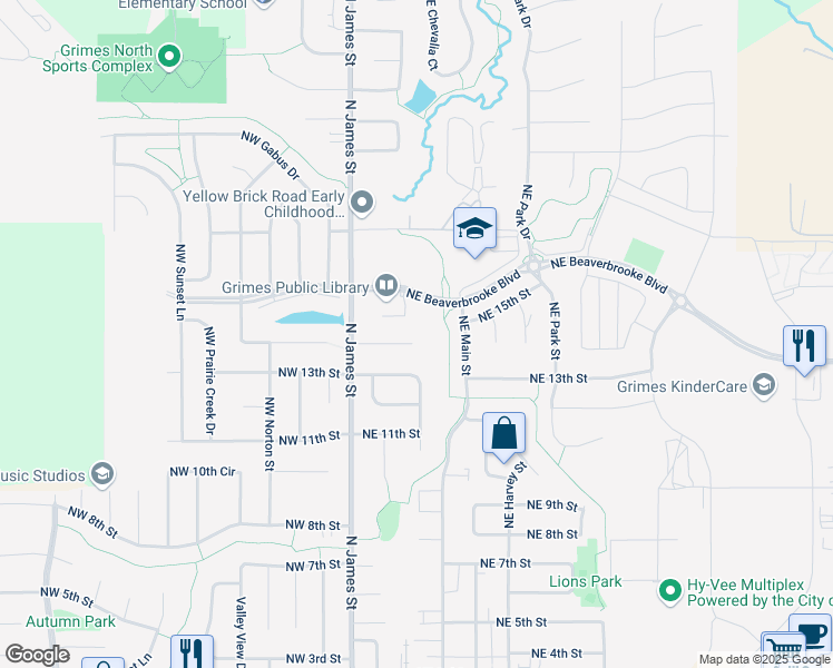 map of restaurants, bars, coffee shops, grocery stores, and more near 305 Northeast 14th Court in Grimes