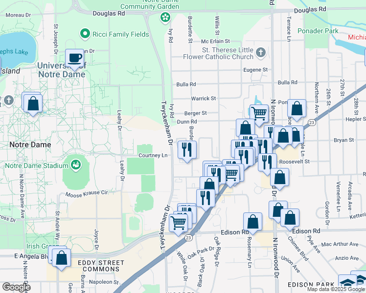 map of restaurants, bars, coffee shops, grocery stores, and more near 18432 Killeen Court in South Bend