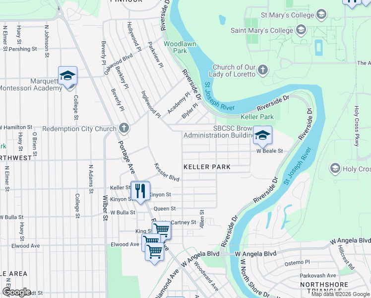 map of restaurants, bars, coffee shops, grocery stores, and more near 1109 West Beale Street in South Bend