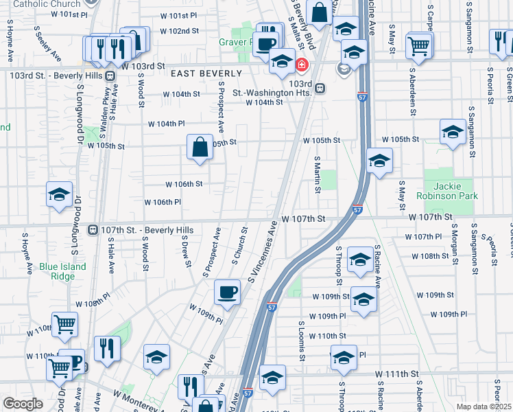 map of restaurants, bars, coffee shops, grocery stores, and more near 10639 South Church Street in Chicago