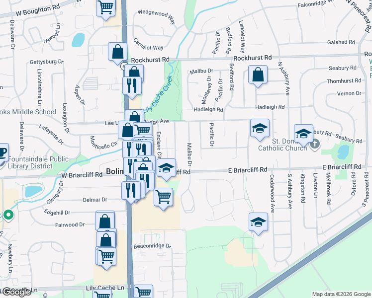 map of restaurants, bars, coffee shops, grocery stores, and more near 129 Malibu Drive in Bolingbrook
