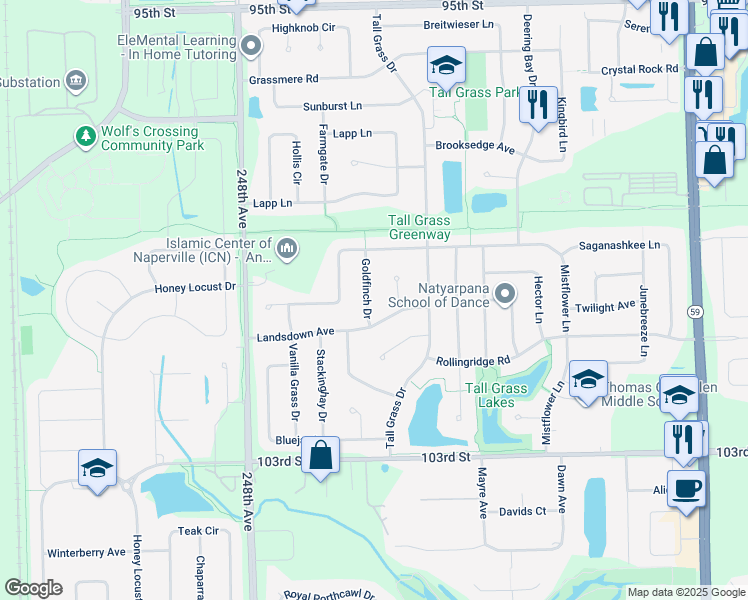 map of restaurants, bars, coffee shops, grocery stores, and more near 3428 Goldfinch Drive in Naperville