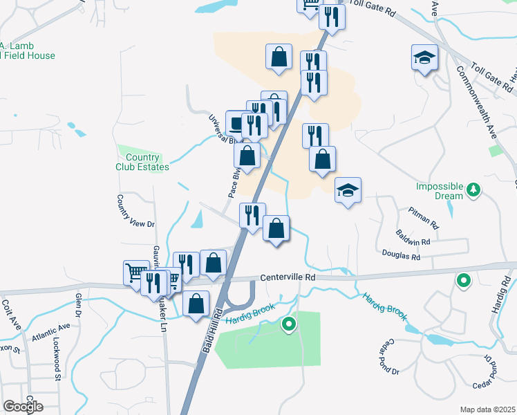 map of restaurants, bars, coffee shops, grocery stores, and more near 1500 Bald Hill Road in Warwick