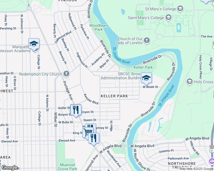 map of restaurants, bars, coffee shops, grocery stores, and more near 1109 West Beale Street in South Bend