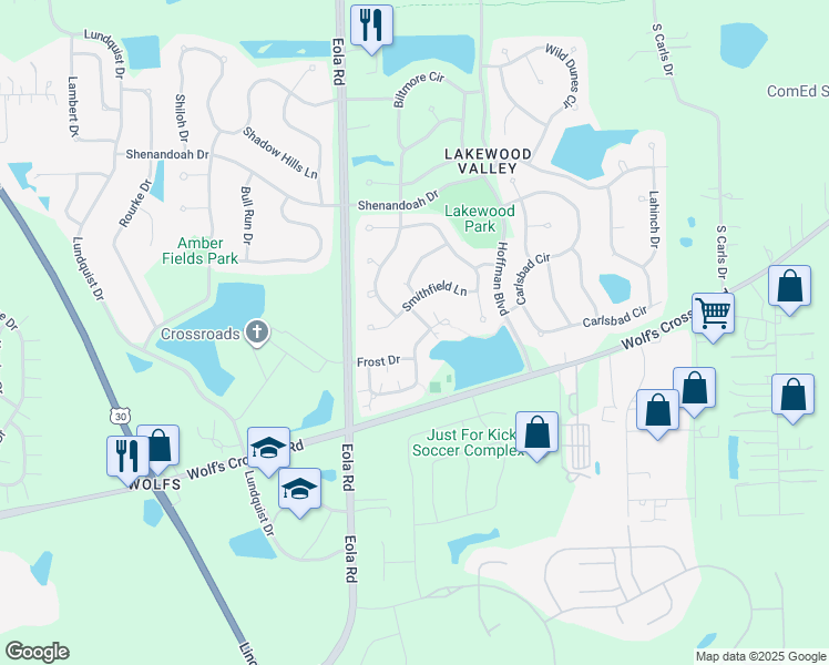 map of restaurants, bars, coffee shops, grocery stores, and more near 2547 Dickens Drive in Aurora