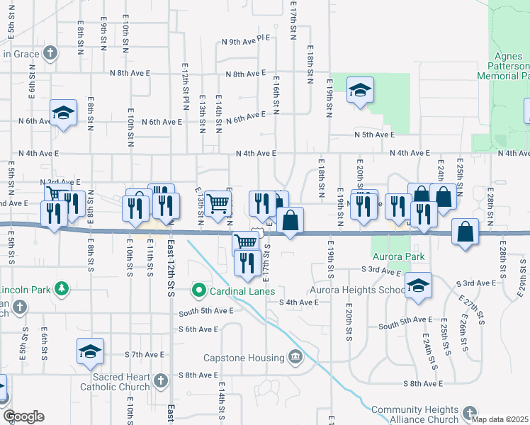 map of restaurants, bars, coffee shops, grocery stores, and more near 121 East 17th Street South in Newton