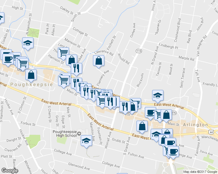 map of restaurants, bars, coffee shops, grocery stores, and more near 37 Corlies Avenue in Poughkeepsie