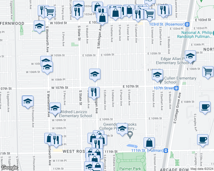 map of restaurants, bars, coffee shops, grocery stores, and more near 138 East 107th Street in Chicago