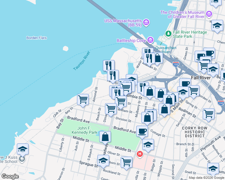 map of restaurants, bars, coffee shops, grocery stores, and more near 75R Ferry Street in Fall River