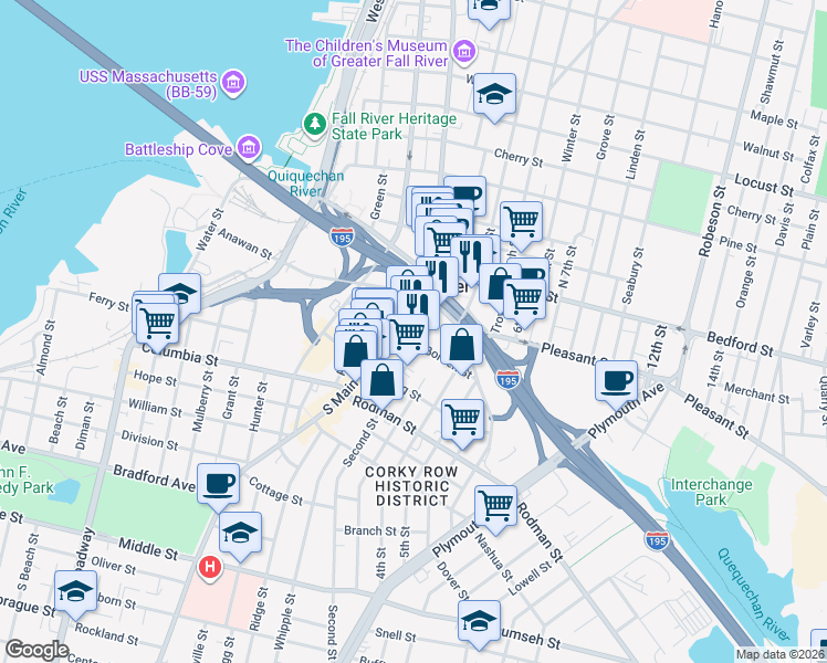 map of restaurants, bars, coffee shops, grocery stores, and more near 157 Third Street in Fall River