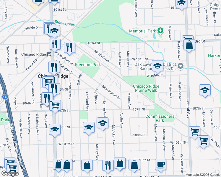 map of restaurants, bars, coffee shops, grocery stores, and more near 6026 Birmingham Street in Chicago Ridge