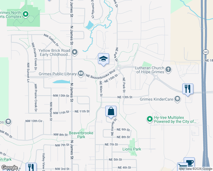 map of restaurants, bars, coffee shops, grocery stores, and more near 1412 Aspen Court in Grimes