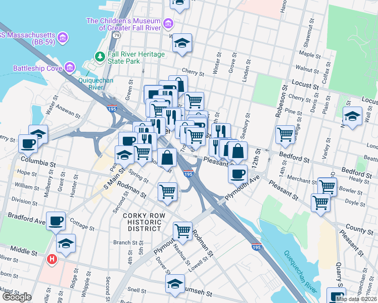 map of restaurants, bars, coffee shops, grocery stores, and more near 162 Pleasant Street in Fall River