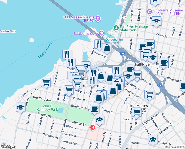 map of restaurants, bars, coffee shops, grocery stores, and more near 64 Fountain Street in Fall River