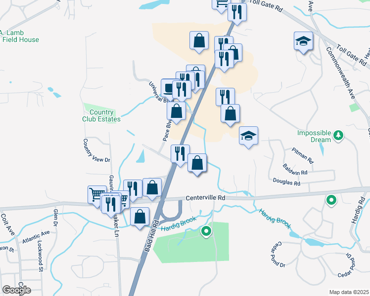 map of restaurants, bars, coffee shops, grocery stores, and more near 1500 Bald Hill Rd in Warwick