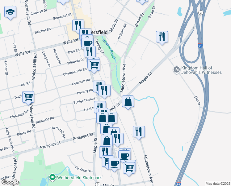 map of restaurants, bars, coffee shops, grocery stores, and more near 191 Spring Street in Wethersfield