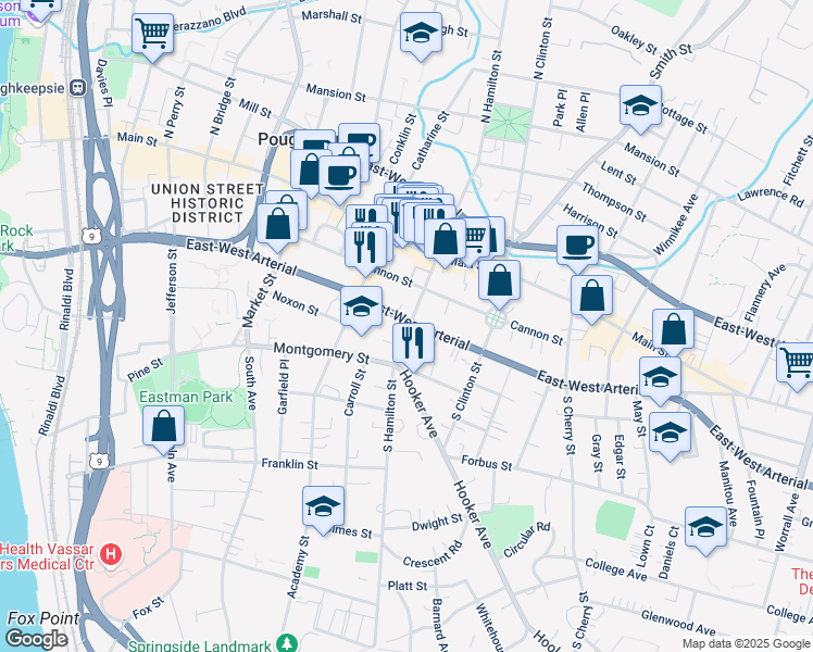 map of restaurants, bars, coffee shops, grocery stores, and more near 230 East-West Arterial in Poughkeepsie