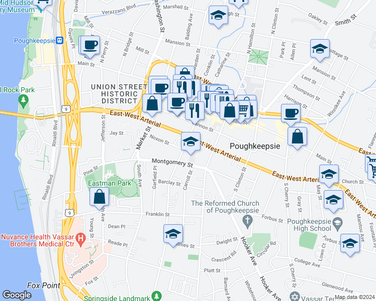map of restaurants, bars, coffee shops, grocery stores, and more near 220 Church Street in Poughkeepsie