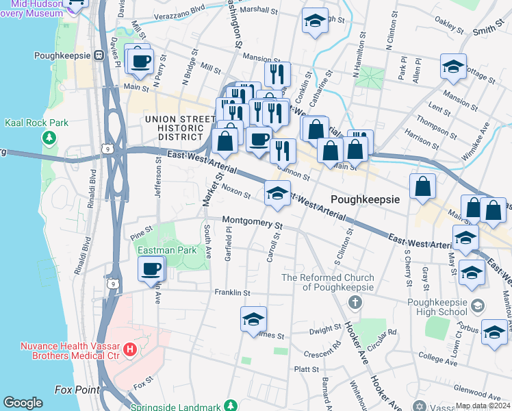 map of restaurants, bars, coffee shops, grocery stores, and more near 74 Academy Street in Poughkeepsie