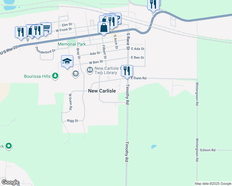 map of restaurants, bars, coffee shops, grocery stores, and more near 117 Lynn Dee Court in New Carlisle