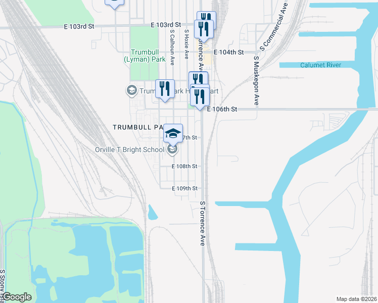 map of restaurants, bars, coffee shops, grocery stores, and more near 10730 South Hoxie Avenue in Chicago