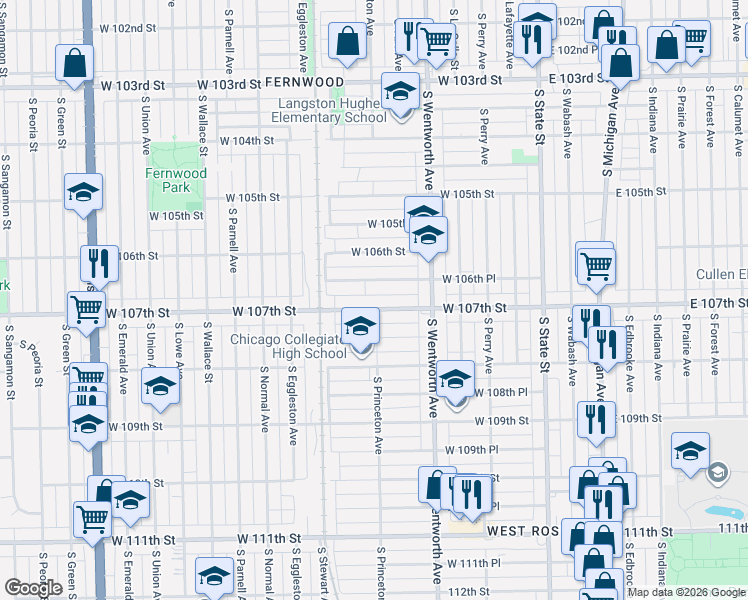 map of restaurants, bars, coffee shops, grocery stores, and more near 246 West 107th Street in Chicago