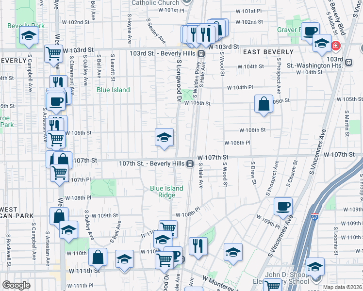 map of restaurants, bars, coffee shops, grocery stores, and more near 10635 South Longwood Drive in Chicago
