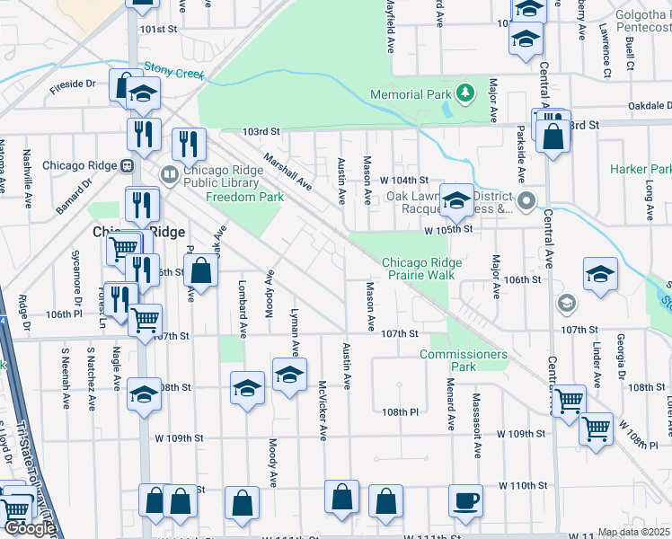 map of restaurants, bars, coffee shops, grocery stores, and more near 10540 Austin Avenue in Chicago Ridge