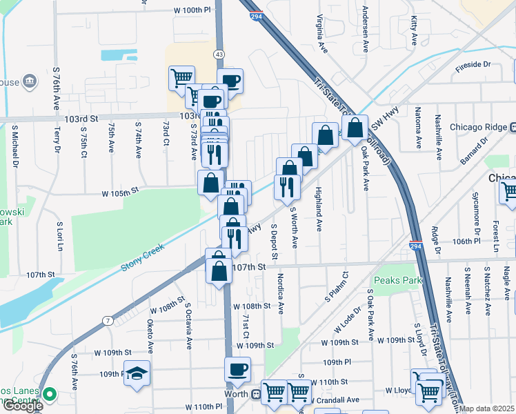 map of restaurants, bars, coffee shops, grocery stores, and more near 10604 Southwest Highway in Chicago Ridge