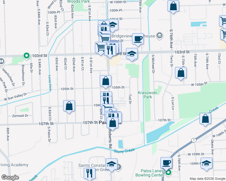 map of restaurants, bars, coffee shops, grocery stores, and more near 10532 Palos Place in Palos Hills