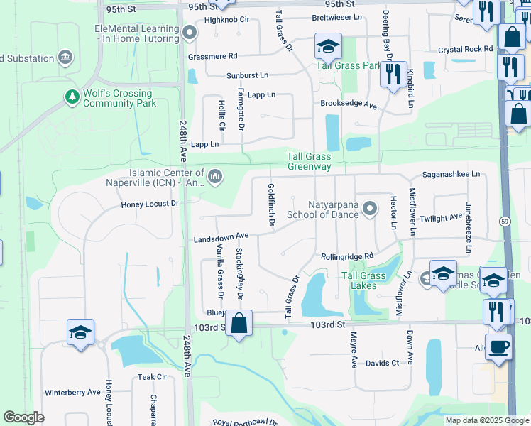 map of restaurants, bars, coffee shops, grocery stores, and more near 3428 Goldfinch Drive in Naperville