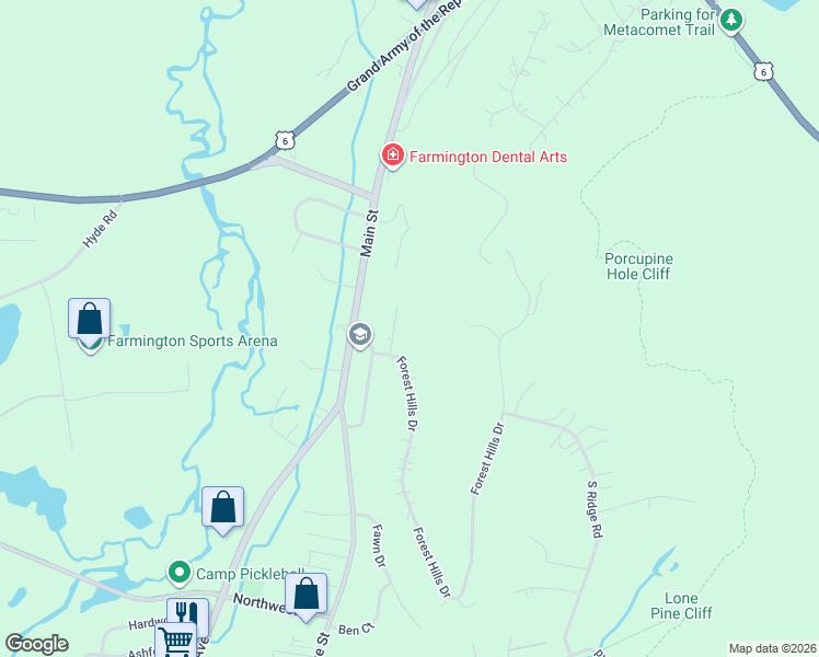 map of restaurants, bars, coffee shops, grocery stores, and more near 2 Barberry Lane in Farmington