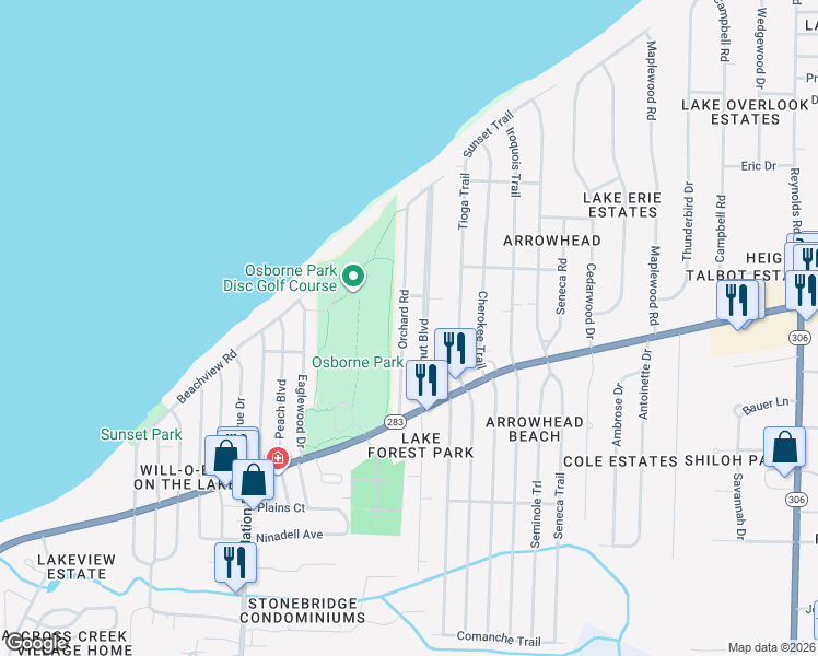 map of restaurants, bars, coffee shops, grocery stores, and more near 805 Orchard Road in Willoughby
