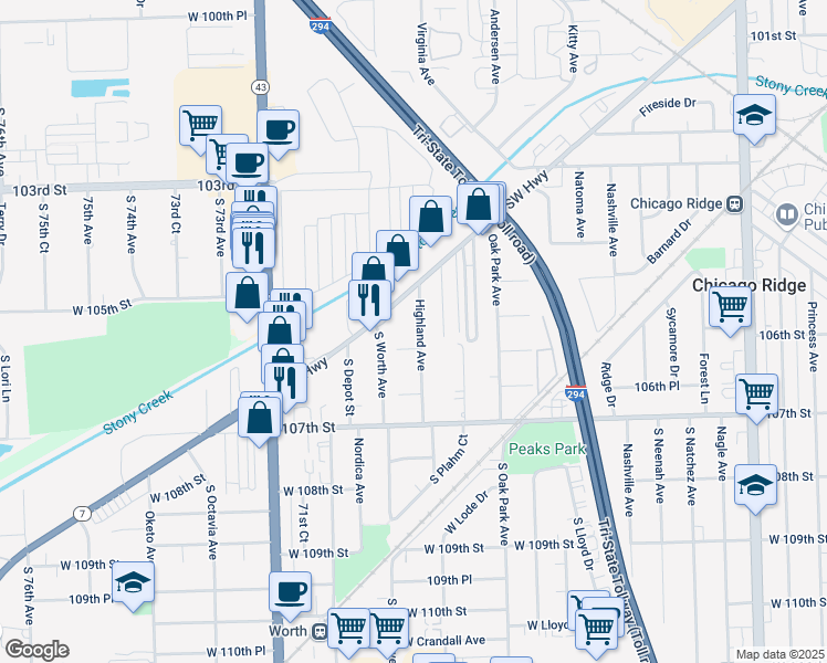 map of restaurants, bars, coffee shops, grocery stores, and more near 10516 Highland Avenue in Worth