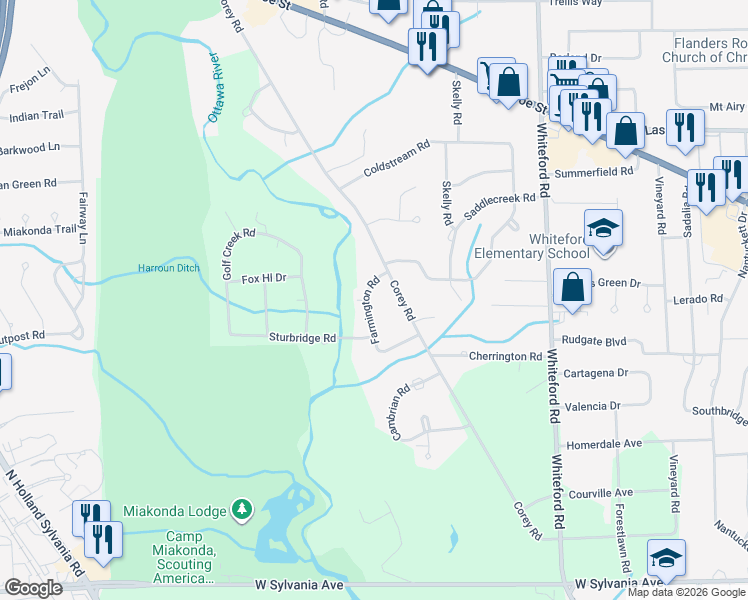 map of restaurants, bars, coffee shops, grocery stores, and more near 4605 Farmington Road in Toledo
