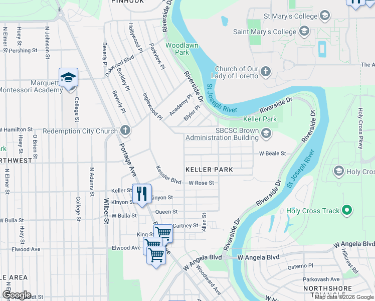 map of restaurants, bars, coffee shops, grocery stores, and more near 1109 West Beale Street in South Bend