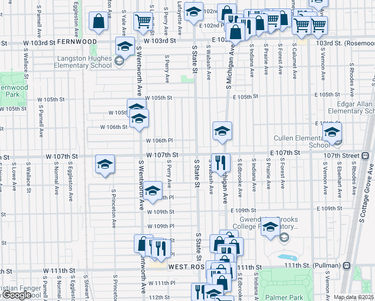 map of restaurants, bars, coffee shops, grocery stores, and more near 16 West 107th Street in Chicago