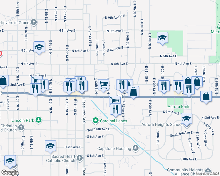 map of restaurants, bars, coffee shops, grocery stores, and more near 200 East 14th Street North in Newton