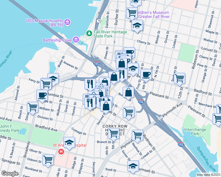 map of restaurants, bars, coffee shops, grocery stores, and more near 161 South Main Street in Fall River